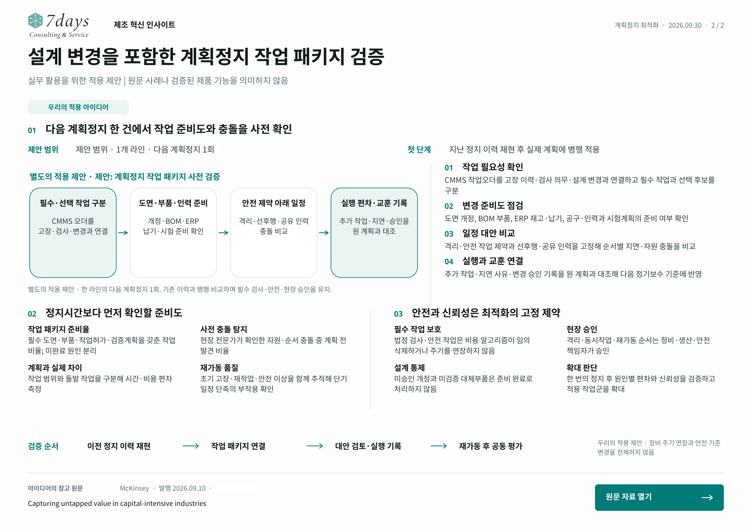 제안: 계획정지 작업 패키지 사전 검증; 필수·선택 작업 구분: CMMS 오더를 고장·검사·변경과 연결; 도면·부품·인력 준비: 개정·BOM·ERP 납기·시험 준비 확인; 안전 제약 아래 일정: 격리·선후행·공유 인력 충돌 비교; 실행 편차·교훈 기록: 추가 작업·지연·승인을 원 계획과 대조