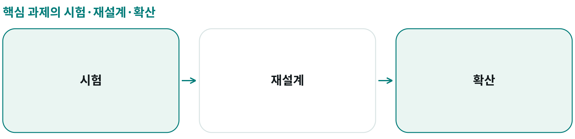 핵심 과제의 시험·재설계·확산; 시험: 초기 효과와 학습; 재설계: 시험 결과의 보완; 확산: 장기 기반·이정표 연결