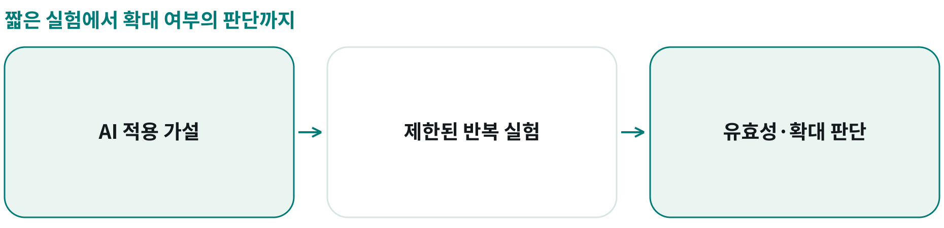 짧은 실험에서 확대 여부의 판단까지; AI 적용 가설: 핵심 업무에서 시험할 아이디어; 제한된 반복 실험: 전담 팀의 작은 실험과 학습; 유효성·확대 판단: 가설 확인 뒤 실제 적용 가능성 검토