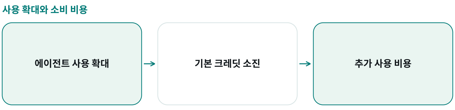 사용 확대와 소비 비용; 에이전트 사용 확대: 실제 업무 사용; 기본 크레딧 소진: 소비 증가; 추가 사용 비용: 초과 소비 가능성