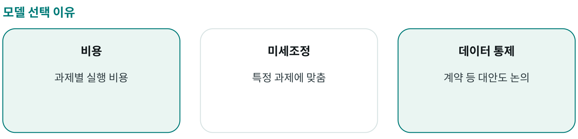 모델 선택 이유; 비용: 과제별 실행 비용; 미세조정: 특정 과제에 맞춤; 데이터 통제: 계약 등 대안도 논의