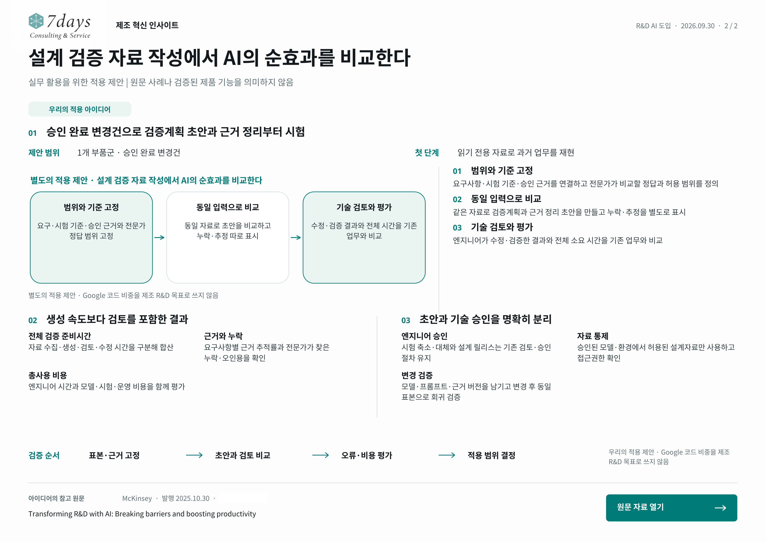 설계 검증 자료 작성에서 AI의 순효과를 비교한다; 범위와 기준 고정: 요구·시험 기준·승인 근거와 전문가 정답 범위 고정; 동일 입력으로 비교: 동일 자료로 초안을 비교하고 누락·추정 따로 표시; 기술 검토와 평가: 수정·검증 결과와 전체 시간을 기존 업무와 비교
