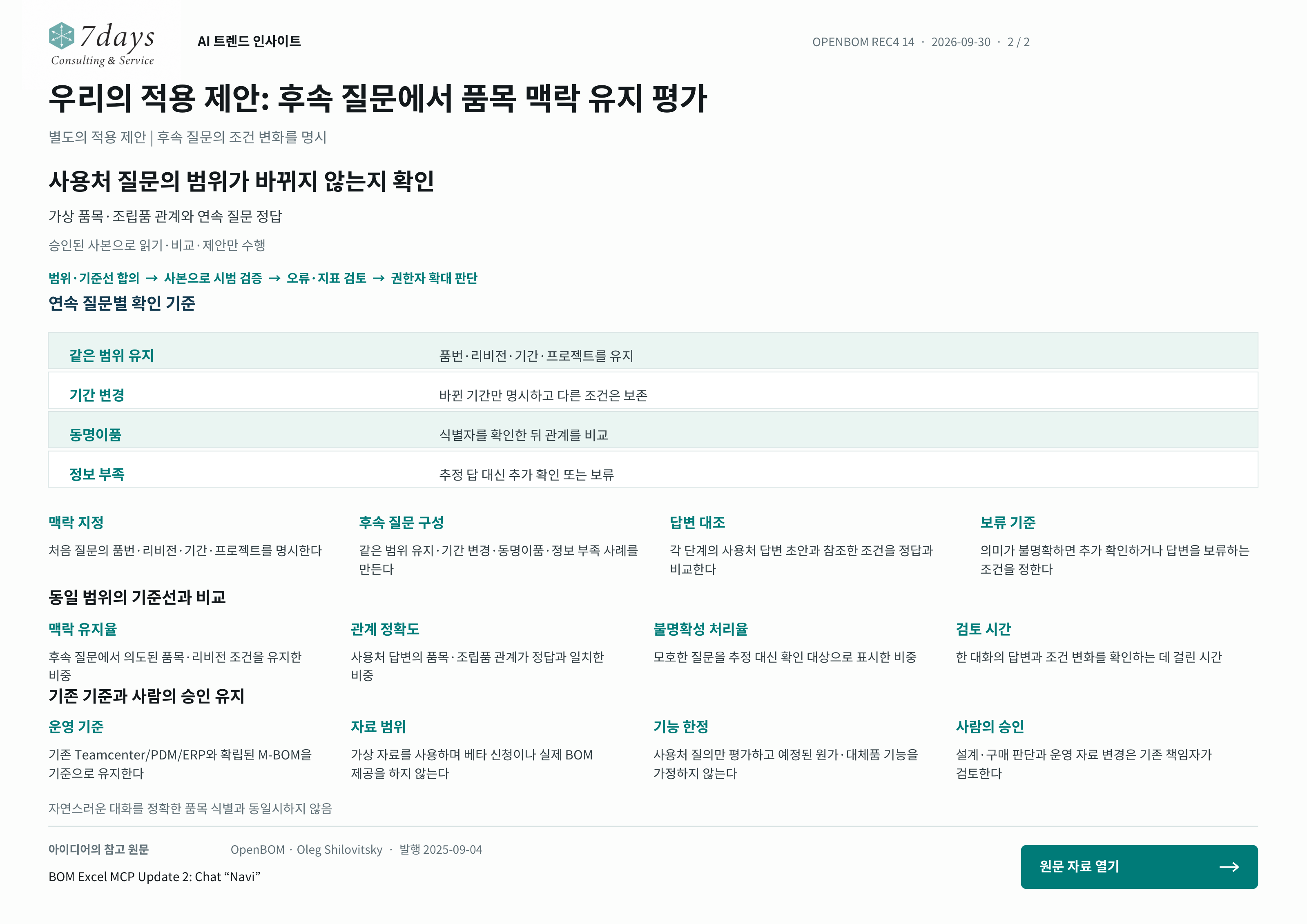 우리의 적용 제안: 후속 질문에서 품목 맥락 유지 평가의 별도 적용 제안 전체 페이지